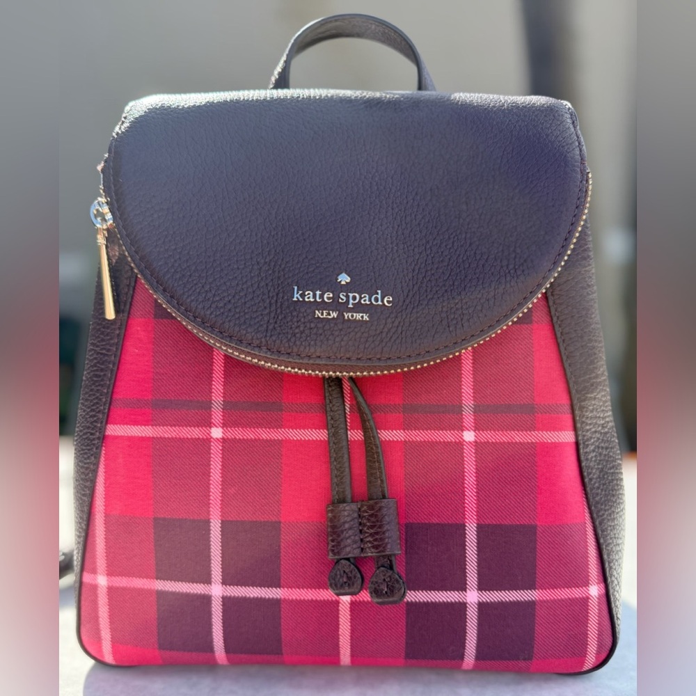 Kate Spade Leila Plaid Medium Flap Backpack - Picture 1 of 10